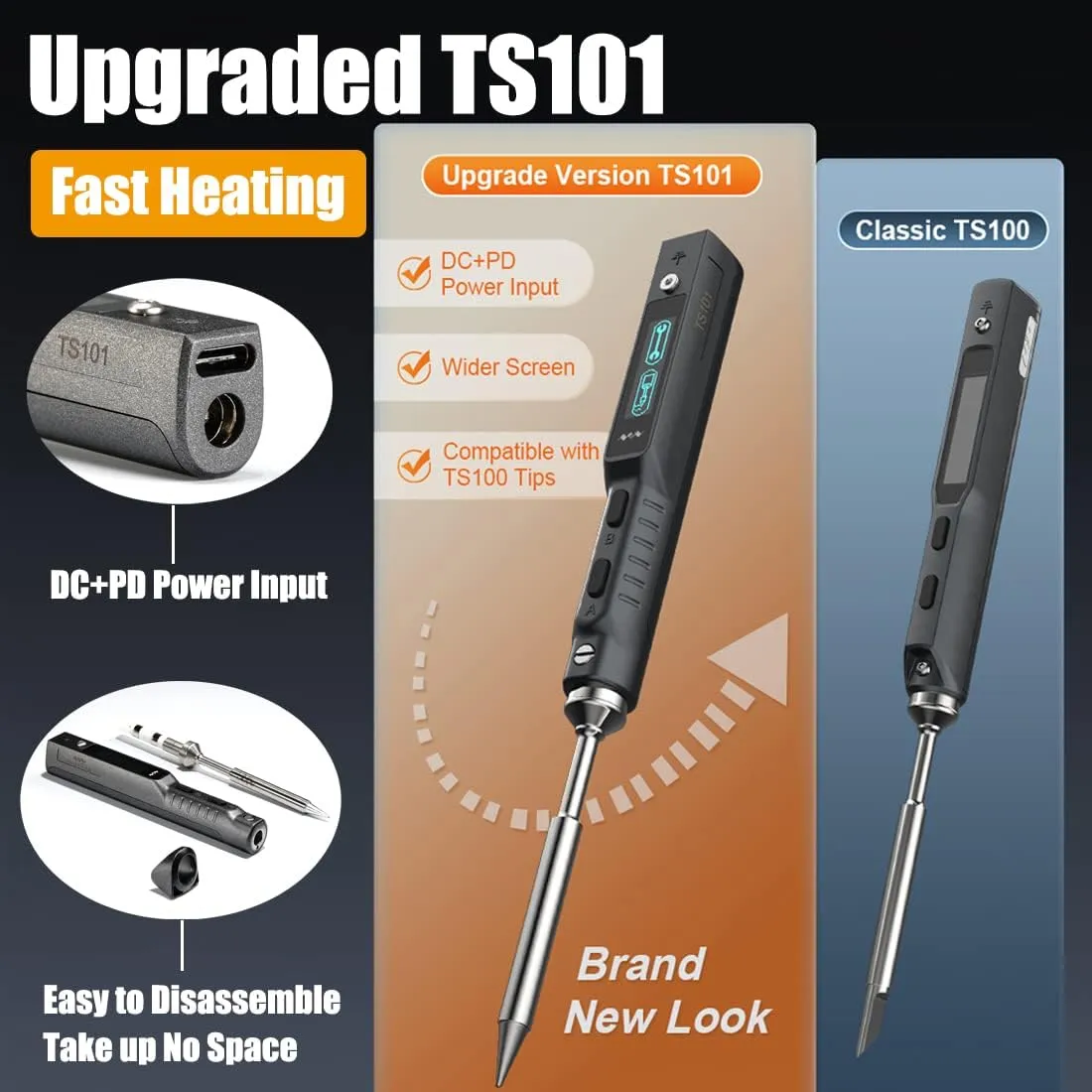 Original TS101 Soldering Iron Station Kit Upgraded from TS100 DC 65W PD 45W Power Programmable Smart Mini Electric Portable Soldering Pen with B2 Solder Tip USB Type C Cable