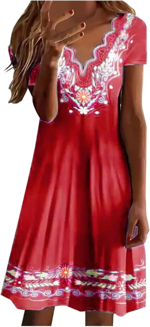 Peasant Dress for Women 2024 Trendy Boho Vintage Floral Print Short Sleeve Scalloped V Neck A Line Tunic Mini Dresses