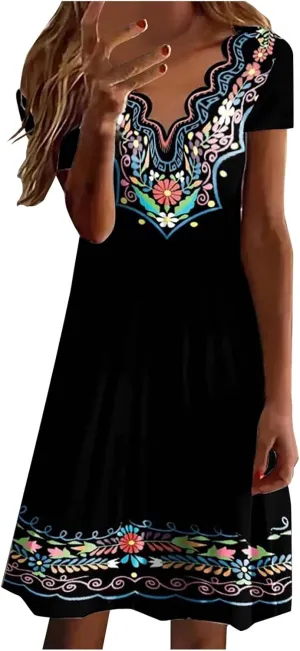 Peasant Dress for Women 2024 Trendy Boho Vintage Floral Print Short Sleeve Scalloped V Neck A Line Tunic Mini Dresses