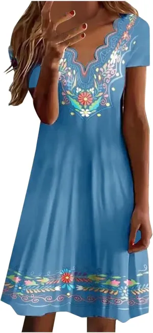Peasant Dress for Women 2024 Trendy Boho Vintage Floral Print Short Sleeve Scalloped V Neck A Line Tunic Mini Dresses