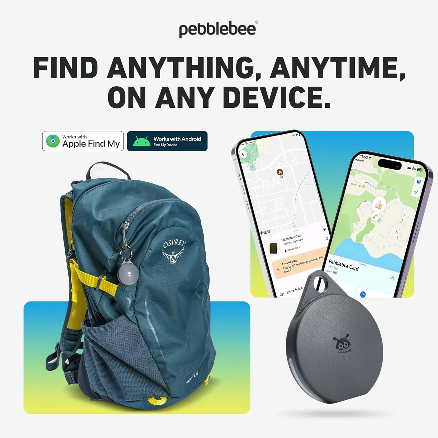 Pebblebee Clip Universal - Rechargeable Mini Item Tracker | Alternative to Air Tag & Android Trackers | 12-Month Battery Life | Works with Both Android & iOS Find My Apps | LED & Sound Alerts