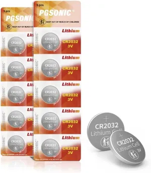 PGSONIC CR2032 3V Lithium Battery (10pcs), Compatible with AirTag, Key Fobs, Smart Sensors, Scales, Candles and More