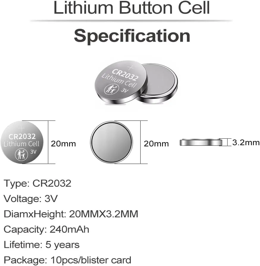 PGSONIC CR2032 3V Lithium Battery (10pcs), Compatible with AirTag, Key Fobs, Smart Sensors, Scales, Candles and More