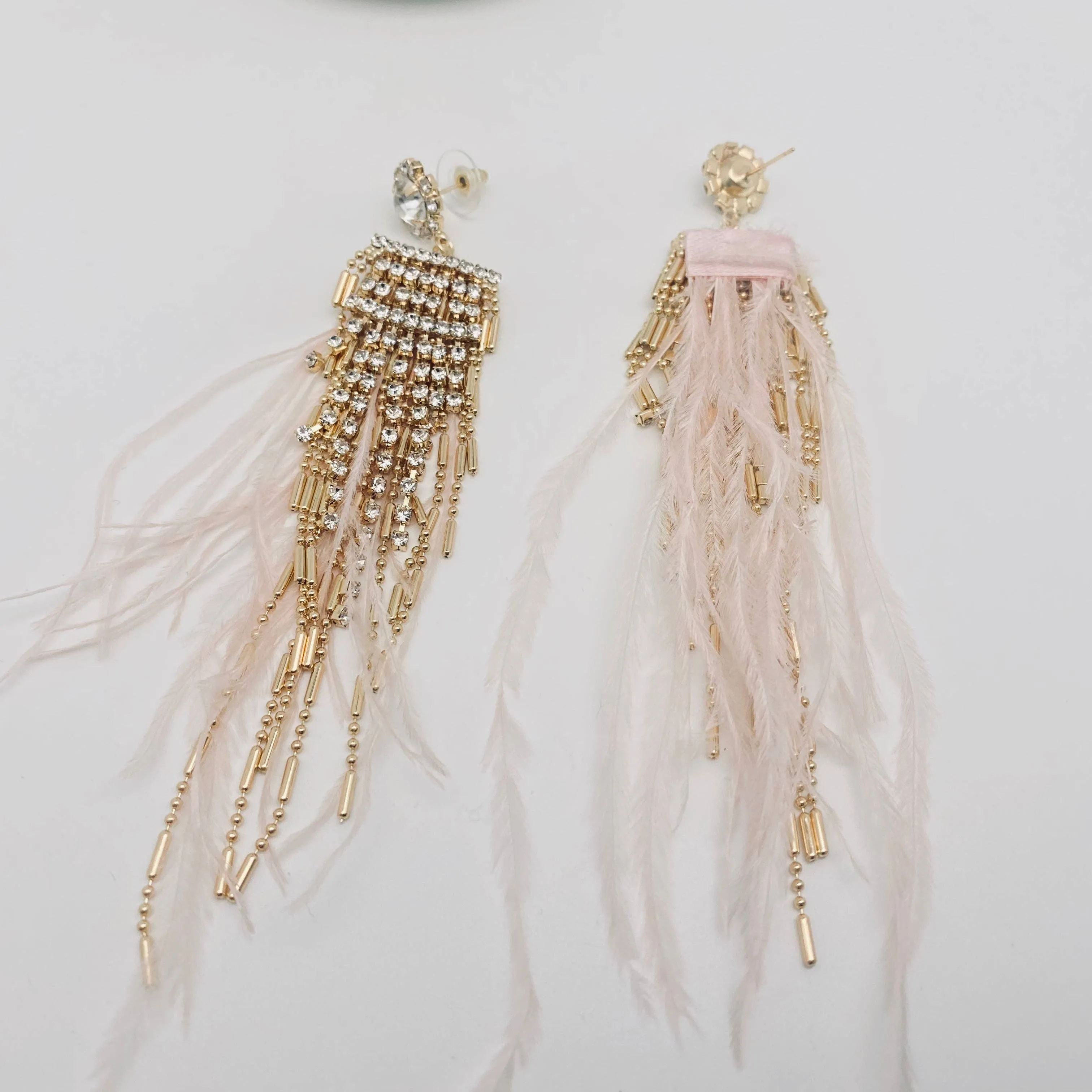 Pink Feather Rhinestone Tassel Earrings