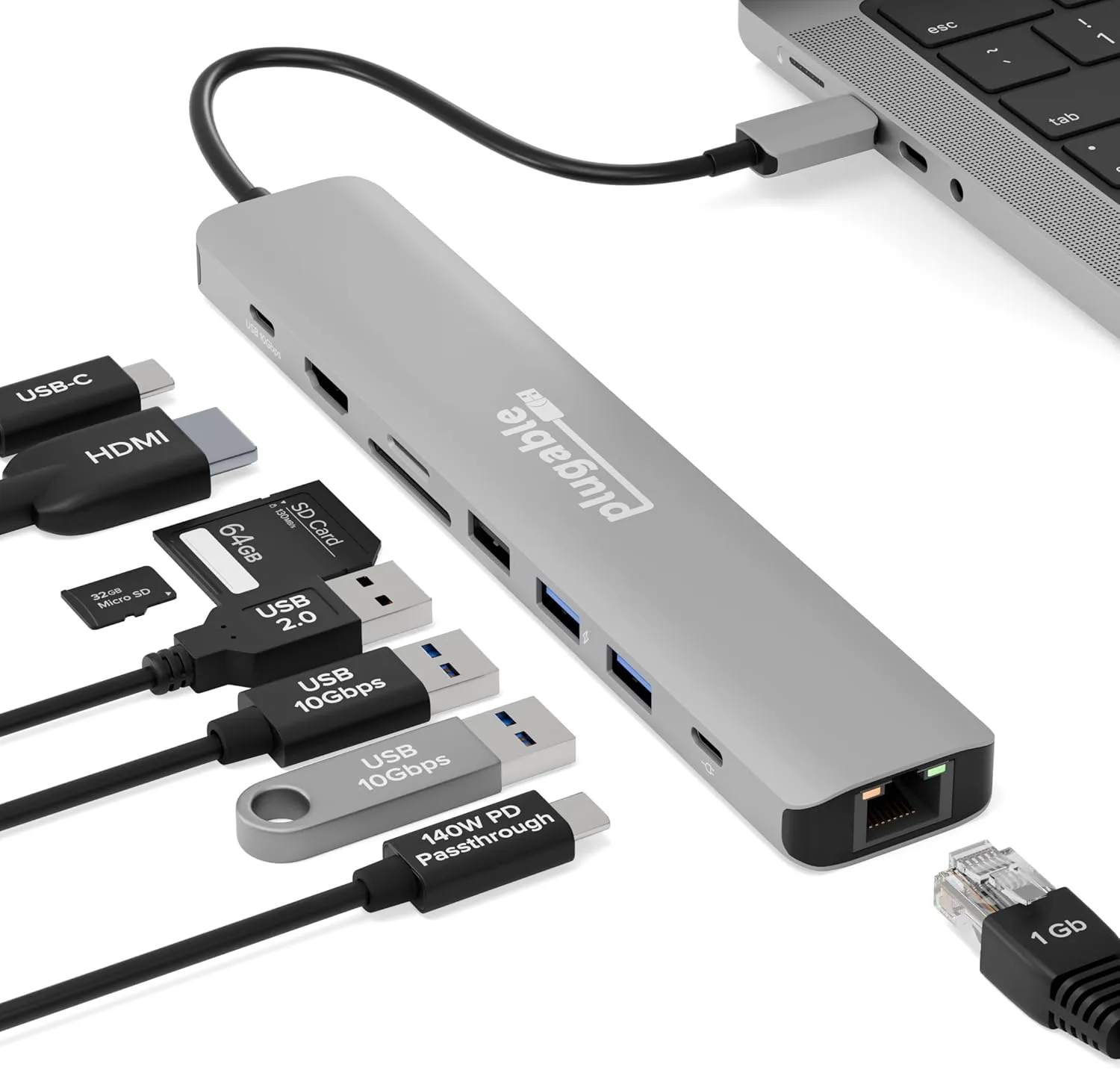 Plugable USB C Hub Multiport Adapter (9-in-1) 140W Power Delivery Charging, 4K 60Hz HDMI, 10Gbps Data Ports, Ethernet, SD | for USBC, USB4, Thunderbolt MacBook, Windows, Chromebook (USBC-9IN1E)