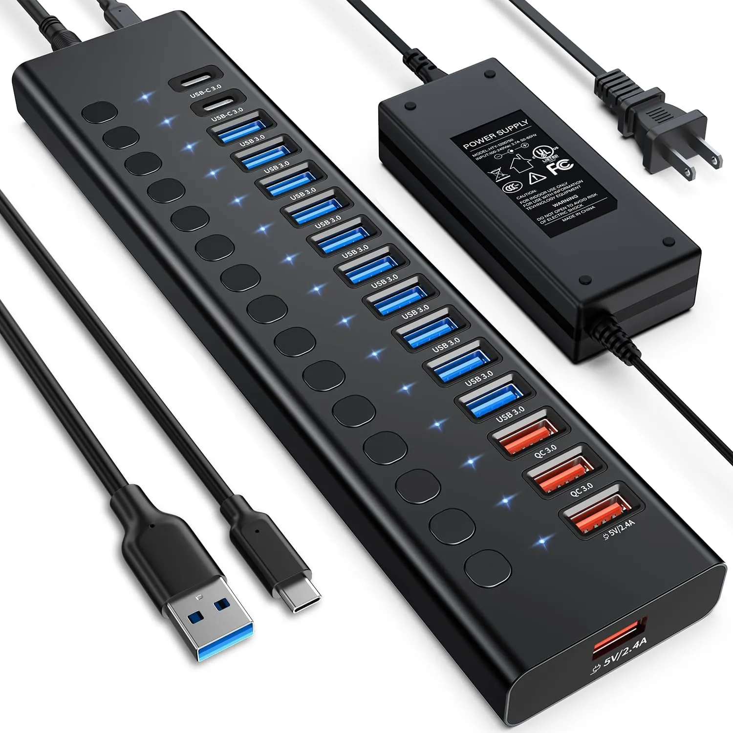 Powered USB 3.0 Hub, 16-Port USB C Hub Splitter (10 USB 3.0 2 QC 3.0 2 Smart Charging 2 USB-C 3.0) with Individual Switches, 12V 7.5A 90W UL Certified Power Adapter for Laptop, Mac, PC, Computer