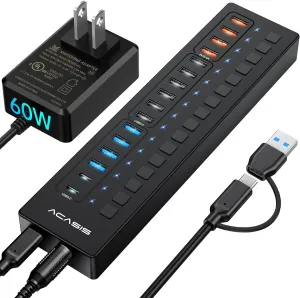 Powered USB 3.0 Hub, ACASIS 16 Port USB Hub Powered(Include 2*USB C 3.0 4 Smart Charging Port) with 60W Power Adapter, Support Wall Mount, USB Hub for PC Laptop, Mac, Printer, Camera