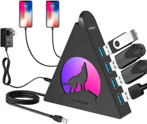 Powered USB Hub 3.0, 6-Port(4 USB 3.0 Data Ports   2 USB Smart Charging Port) with RGB Night Light,Powered hubs with 12V/4A Power Adapter for PC, Laptop, Flash Drives,Keyborad, Mouse