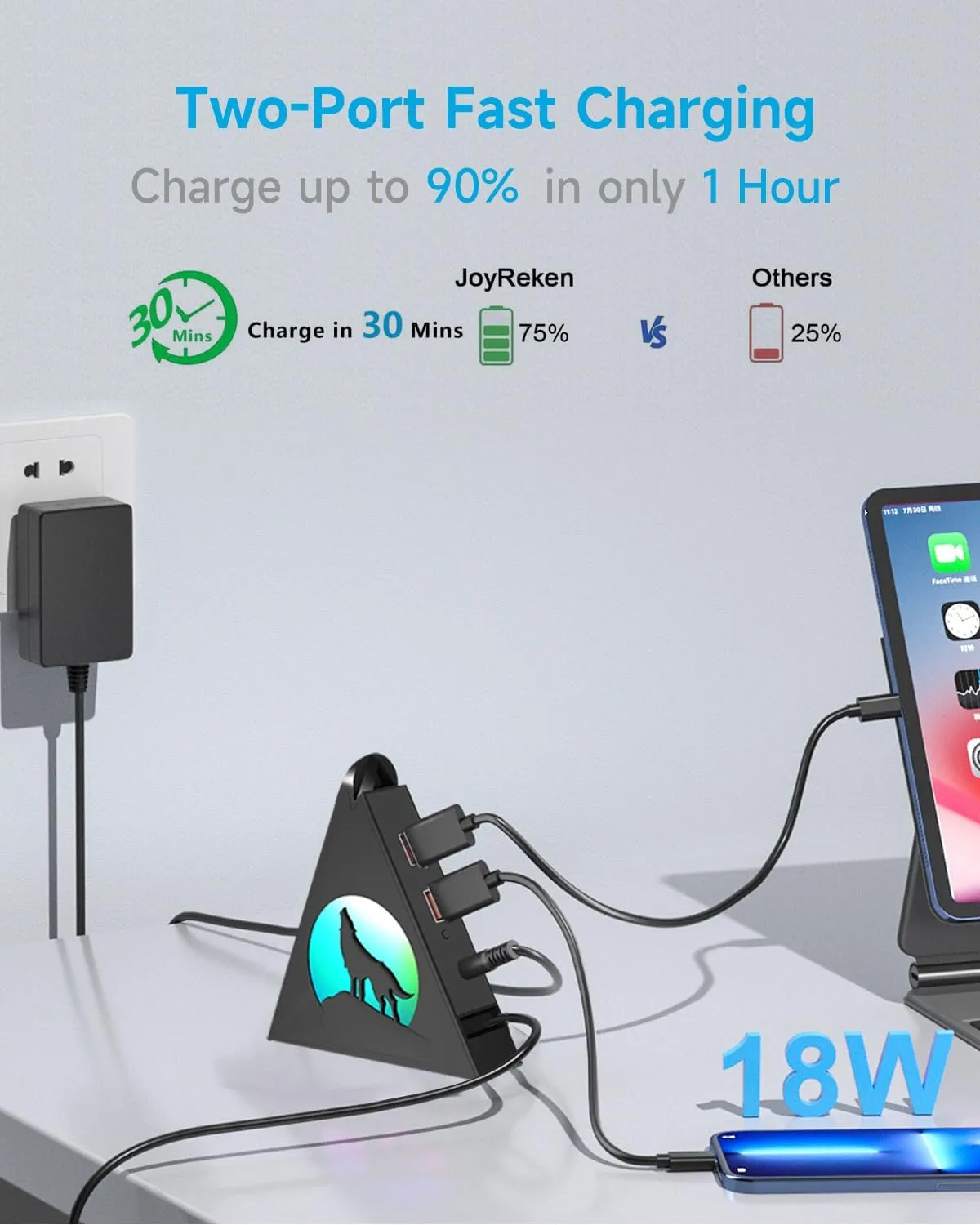 Powered USB Hub 3.0, 6-Port(4 USB 3.0 Data Ports   2 USB Smart Charging Port) with RGB Night Light,Powered hubs with 12V/4A Power Adapter for PC, Laptop, Flash Drives,Keyborad, Mouse