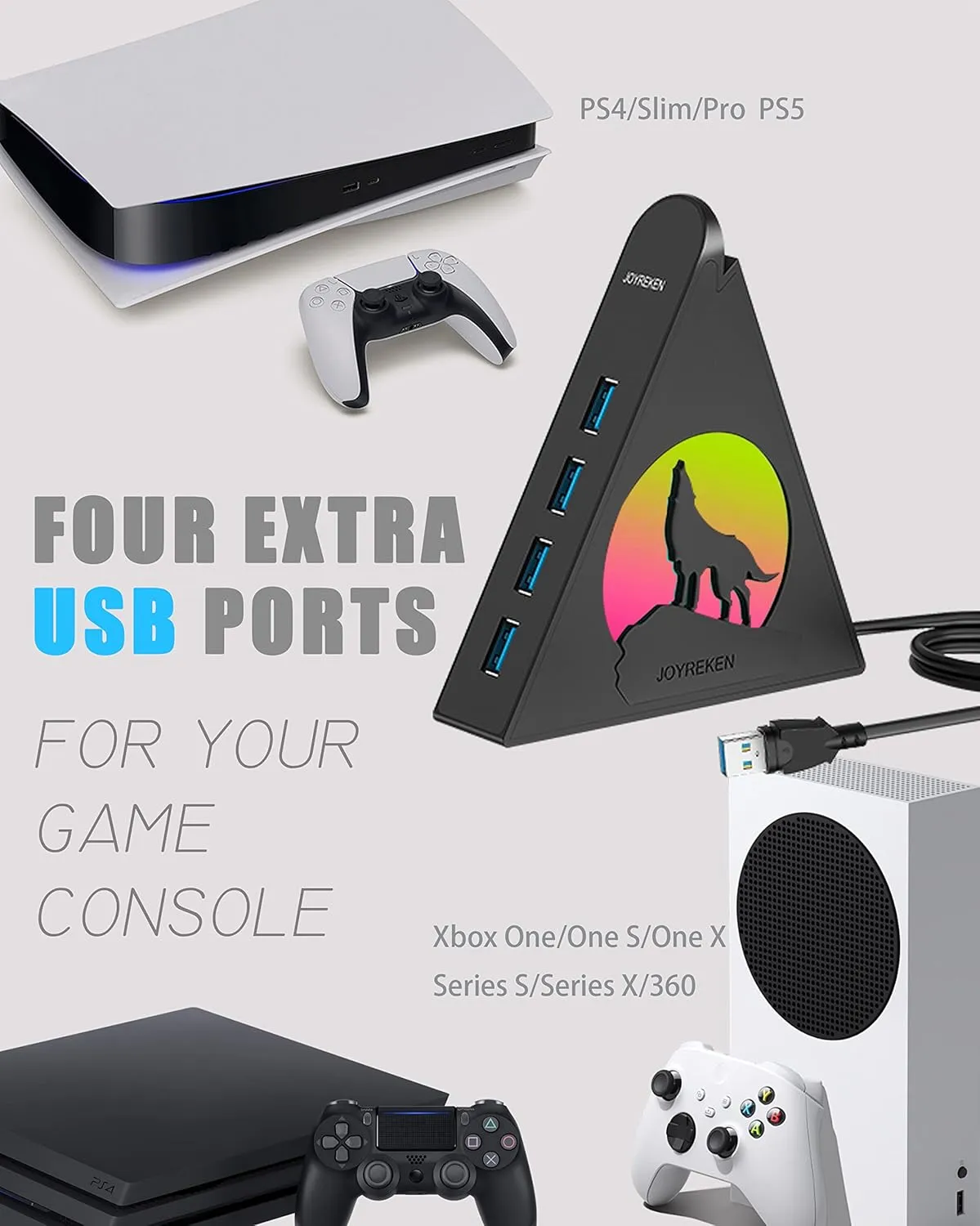 Powered USB Hub 3.0, 6-Port(4 USB 3.0 Data Ports   2 USB Smart Charging Port) with RGB Night Light,Powered hubs with 12V/4A Power Adapter for PC, Laptop, Flash Drives,Keyborad, Mouse