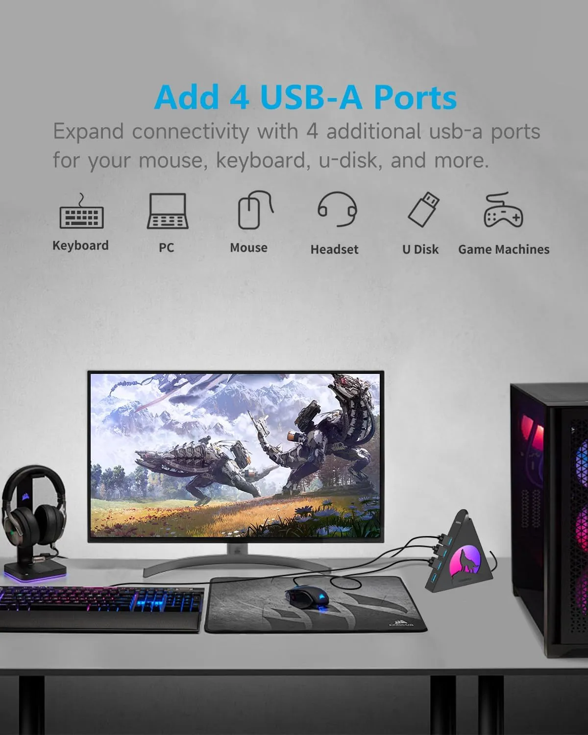 Powered USB Hub 3.0, 6-Port(4 USB 3.0 Data Ports   2 USB Smart Charging Port) with RGB Night Light,Powered hubs with 12V/4A Power Adapter for PC, Laptop, Flash Drives,Keyborad, Mouse
