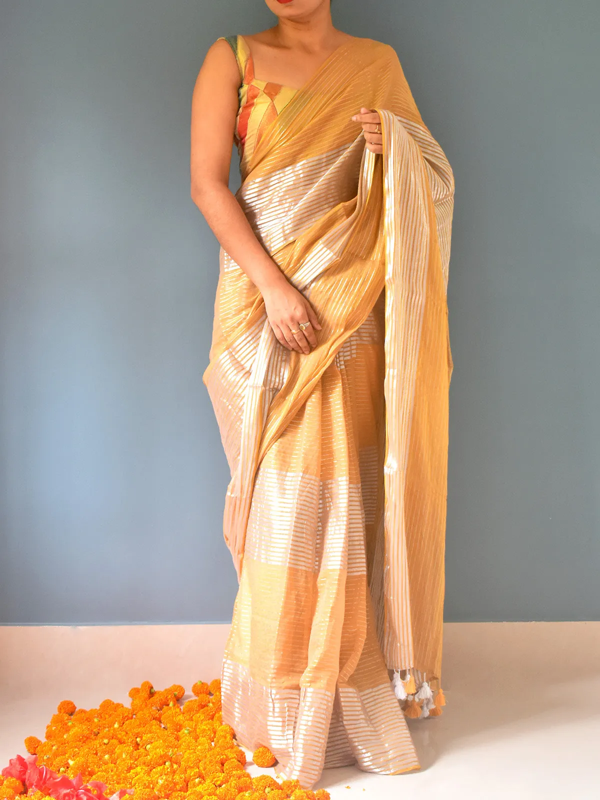 Pure Cotton Saree Zari Stripes Yellow