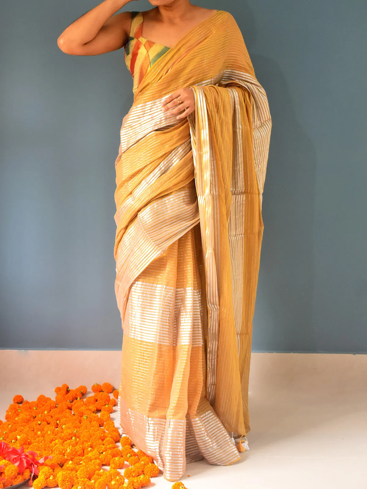 Pure Cotton Saree Zari Stripes Yellow