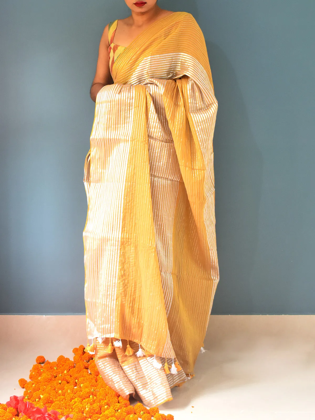 Pure Cotton Saree Zari Stripes Yellow