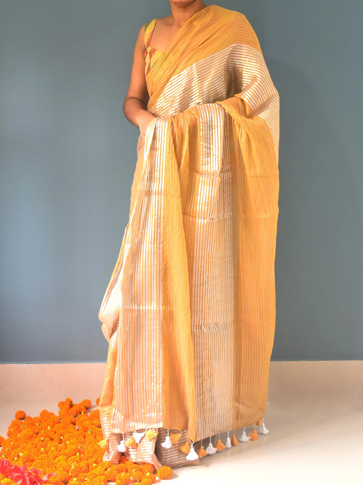 Pure Cotton Saree Zari Stripes Yellow