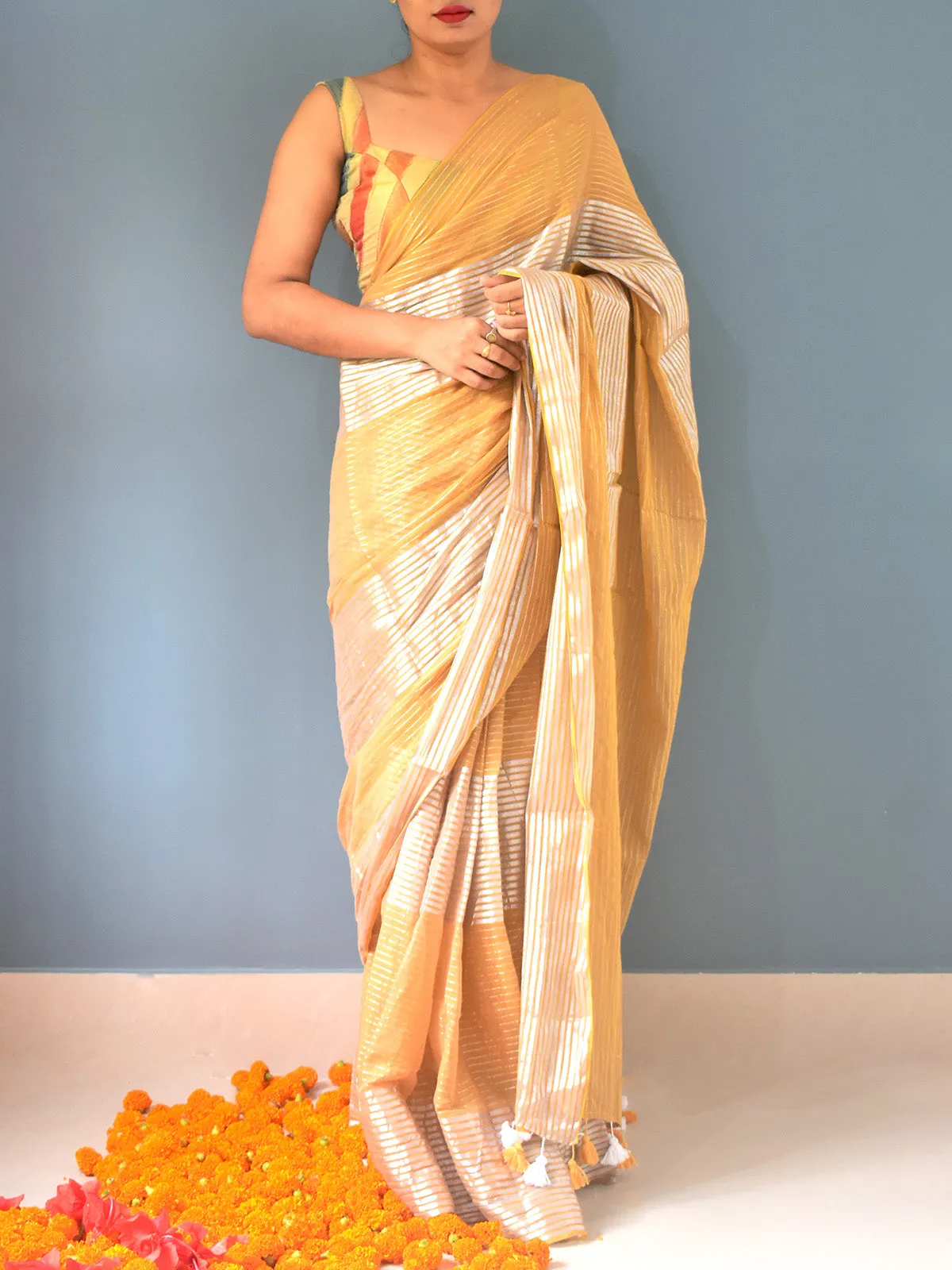Pure Cotton Saree Zari Stripes Yellow