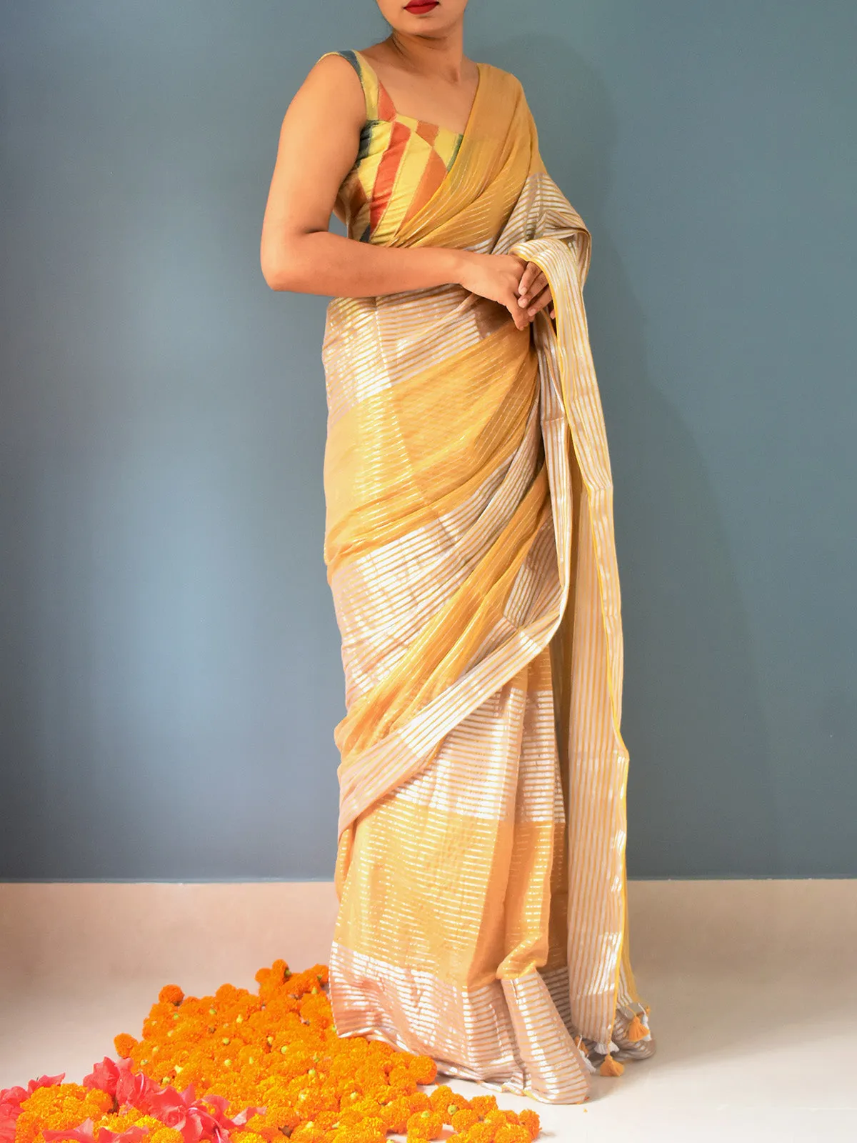 Pure Cotton Saree Zari Stripes Yellow