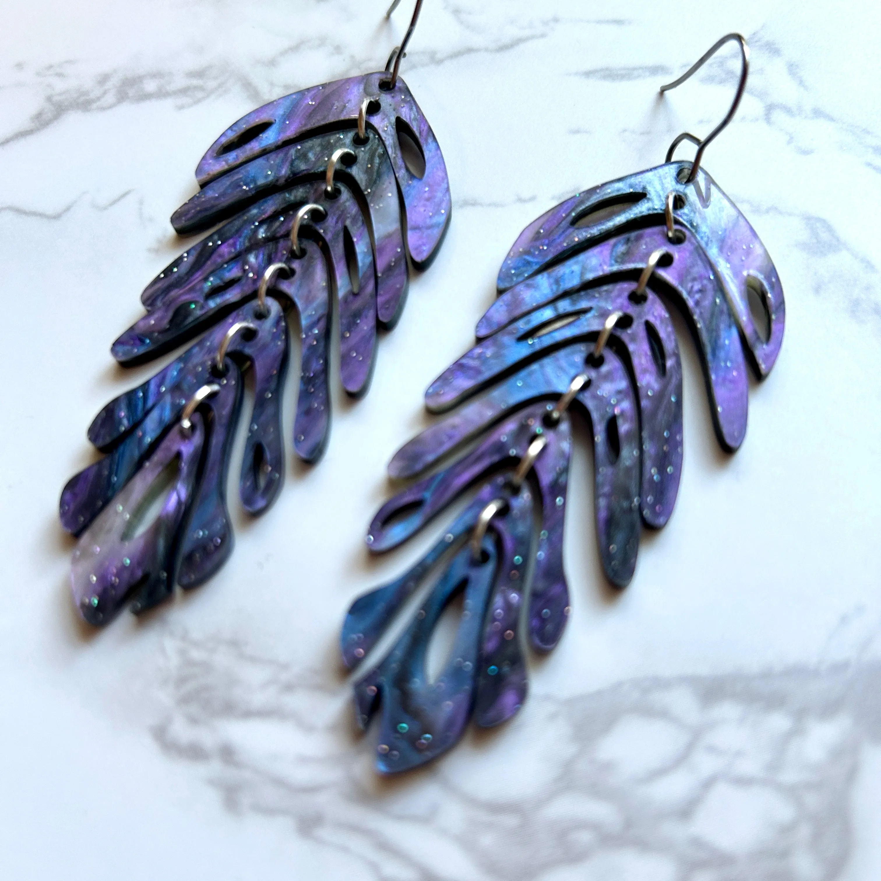 Purple Sparkle Acrylic Feather Earrings