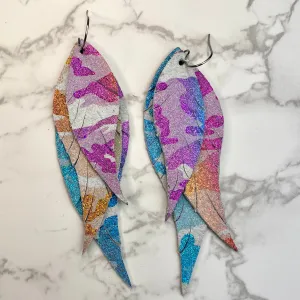 Rainbow Camo Leather Feather Earrings