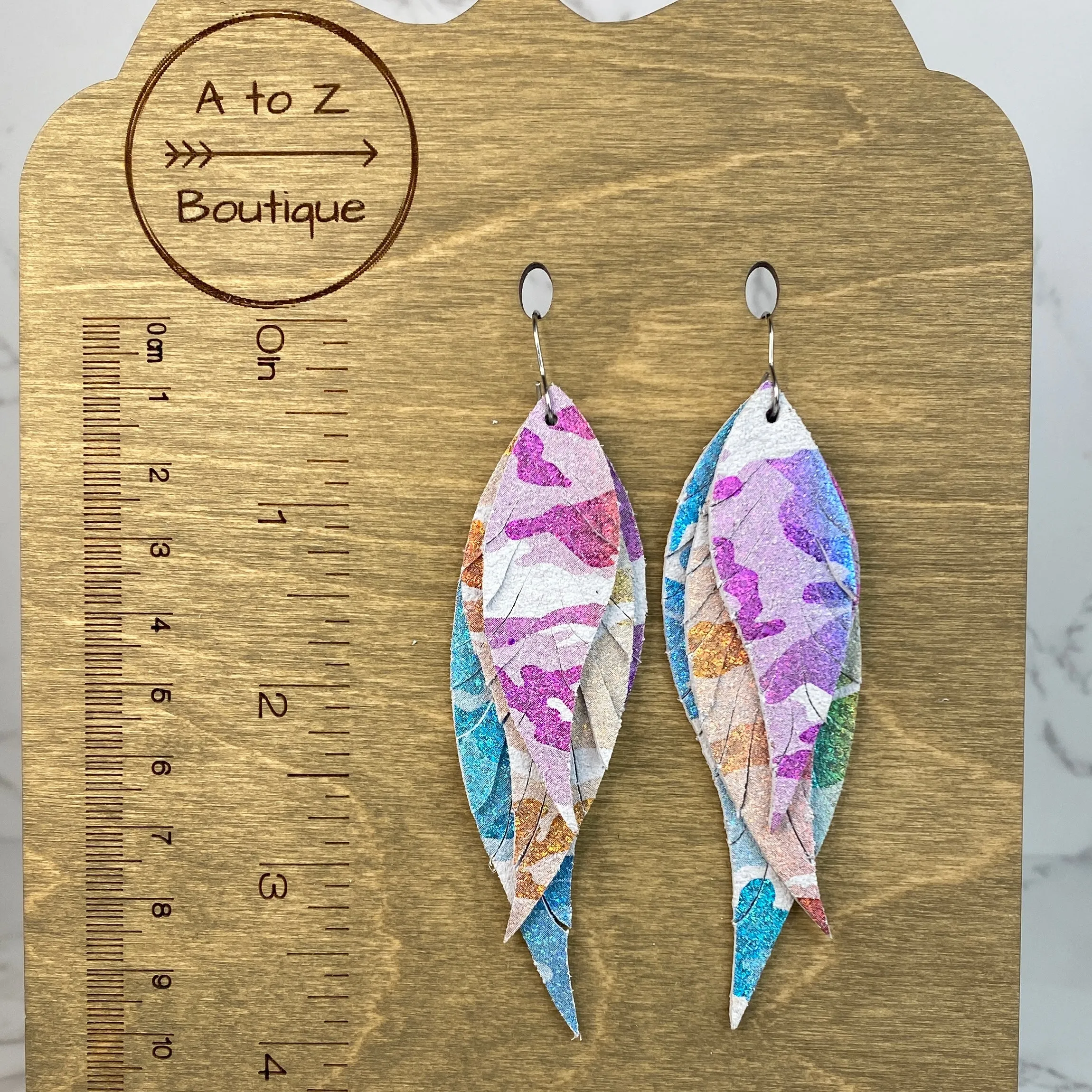 Rainbow Camo Leather Feather Earrings