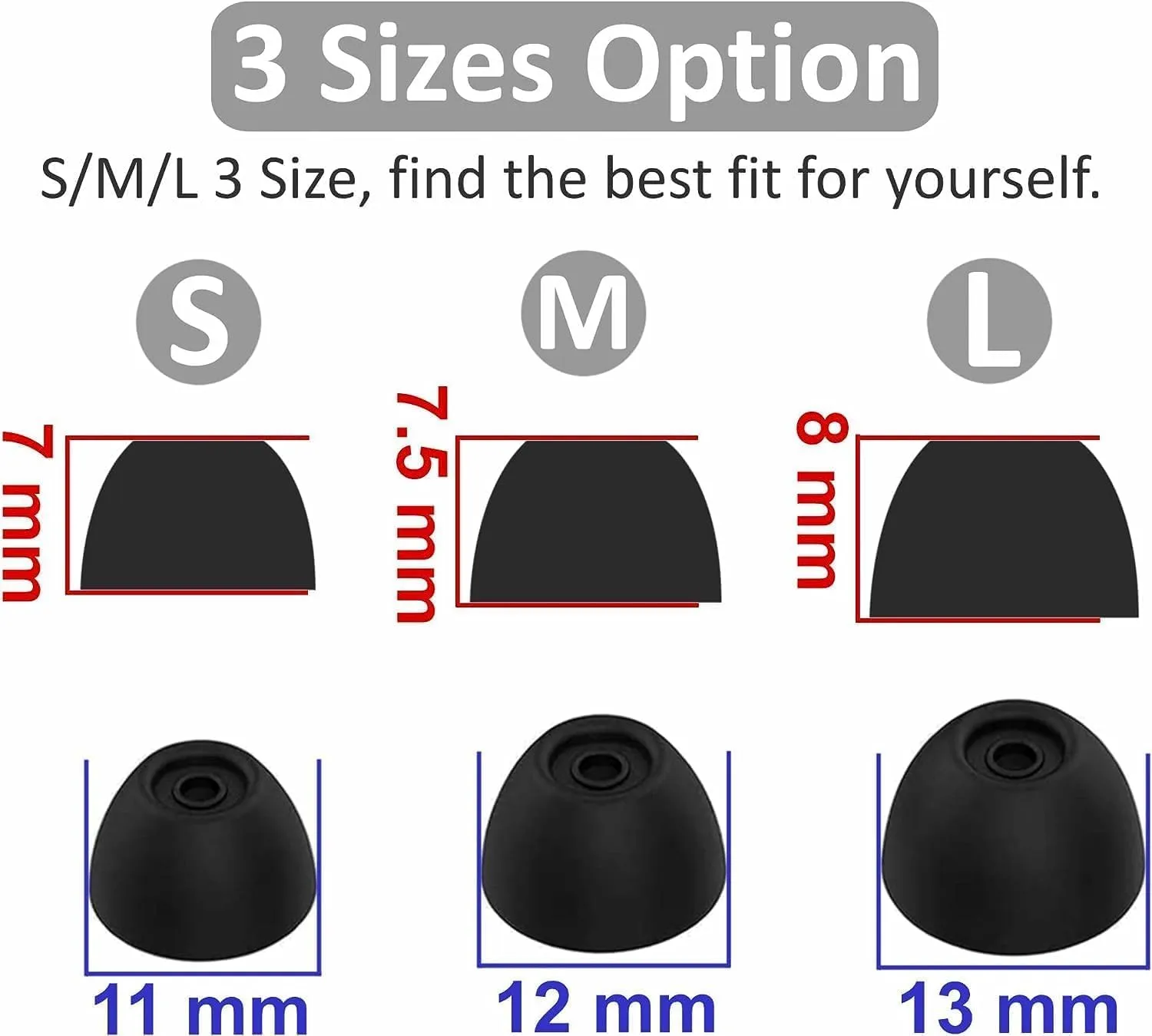 Replacement Earbuds Tips Silicone Ear Tips for Ray-con Everyday Earbuds, Earphones Eartips S/M/L 3 Size 6 Pairs,Black 532