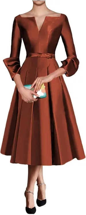 Satin Mother of The Bride Dresses for Women Tea Length Long Sleeves Wedding Guest Dress A Line Evening Gown
