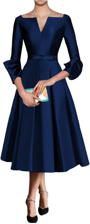 Satin Mother of The Bride Dresses for Women Tea Length Long Sleeves Wedding Guest Dress A Line Evening Gown