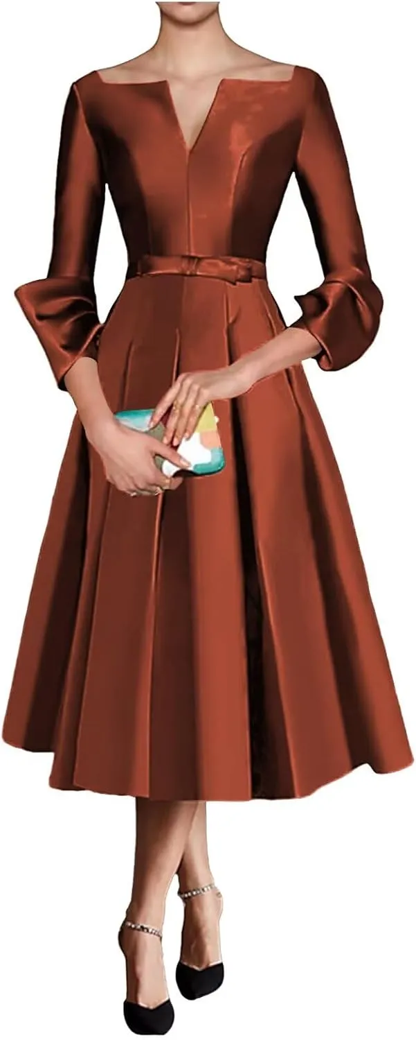 Satin Mother of The Bride Dresses for Women Tea Length Long Sleeves Wedding Guest Dress A Line Evening Gown