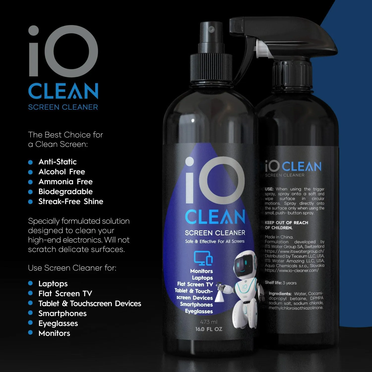 Screen Cleaner Spray (16oz 16oz)  Best Large Cleaning Kit for LCD LED OLED TV, Smartphone, iPad, Laptop, Touchscreen, Computer Monitor, Other Electronic Devices  2 Microfiber Cloths and 4 Nozzles
