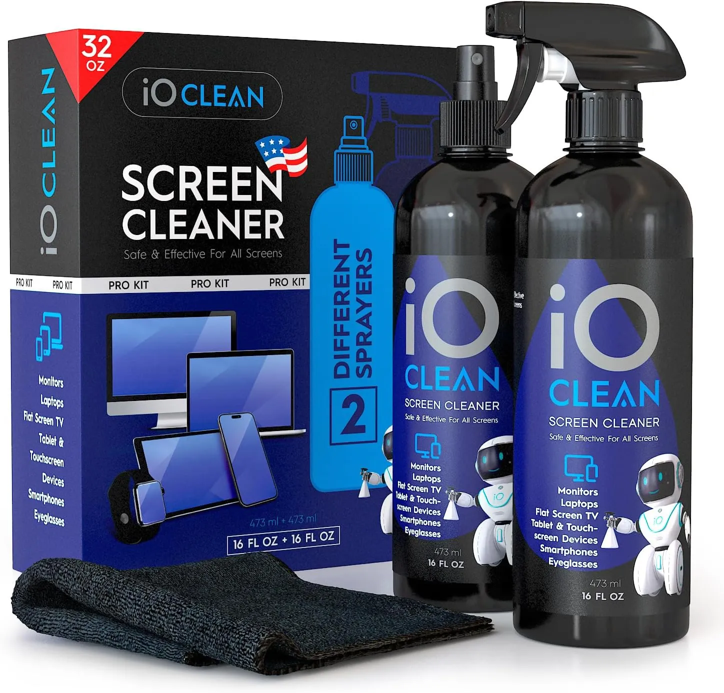 Screen Cleaner Spray (16oz 16oz)  Best Large Cleaning Kit for LCD LED OLED TV, Smartphone, iPad, Laptop, Touchscreen, Computer Monitor, Other Electronic Devices  2 Microfiber Cloths and 4 Nozzles