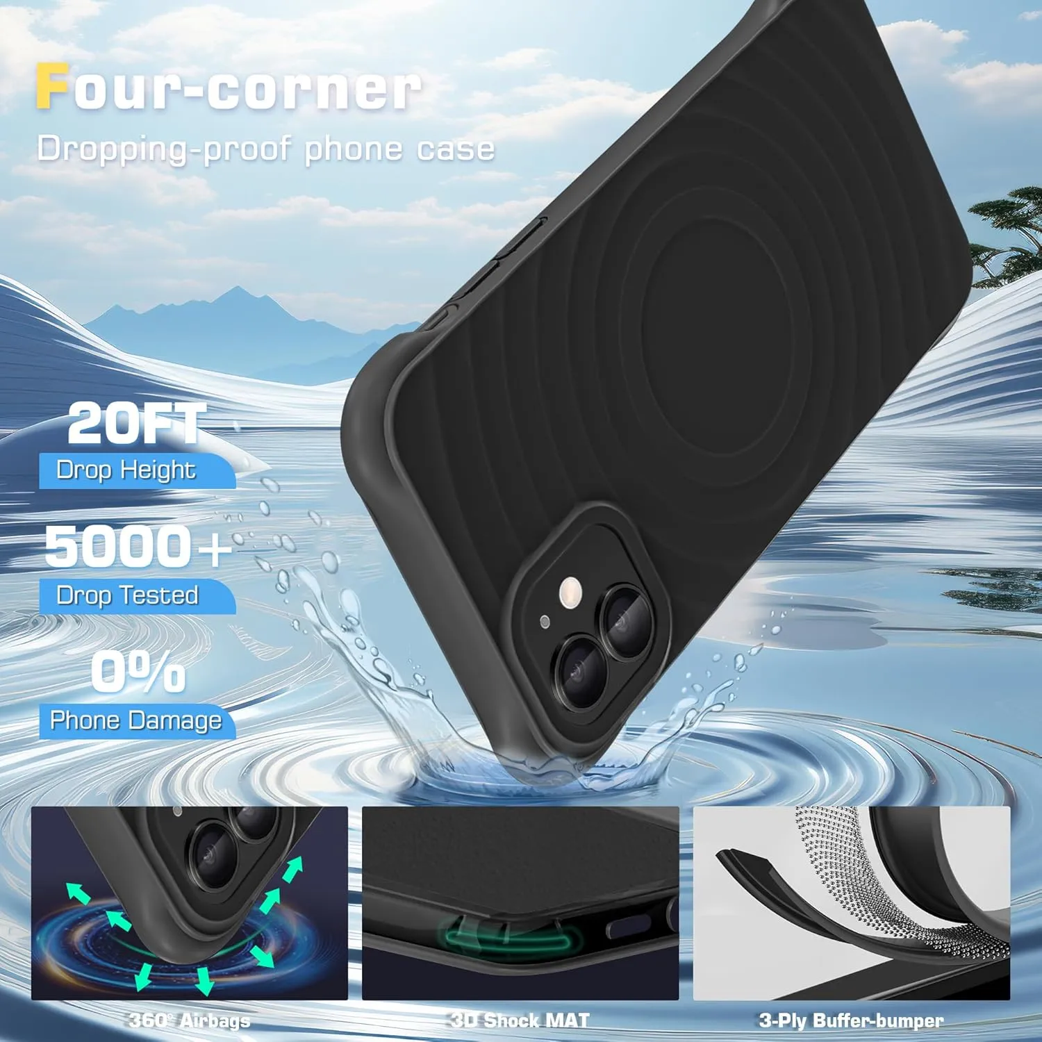 Shockproof for iPhone 11 Case, [Screen Protector   Camera Lens Protector],Compatible with MagSafe,Magnetic Silicone Slim Cute Wave Pattern Case, Microfiber Lining Phone Case for Men,Black