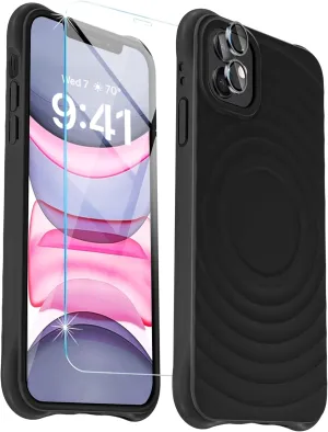 Shockproof for iPhone 11 Case, [Screen Protector   Camera Lens Protector],Compatible with MagSafe,Magnetic Silicone Slim Cute Wave Pattern Case, Microfiber Lining Phone Case for Men,Black