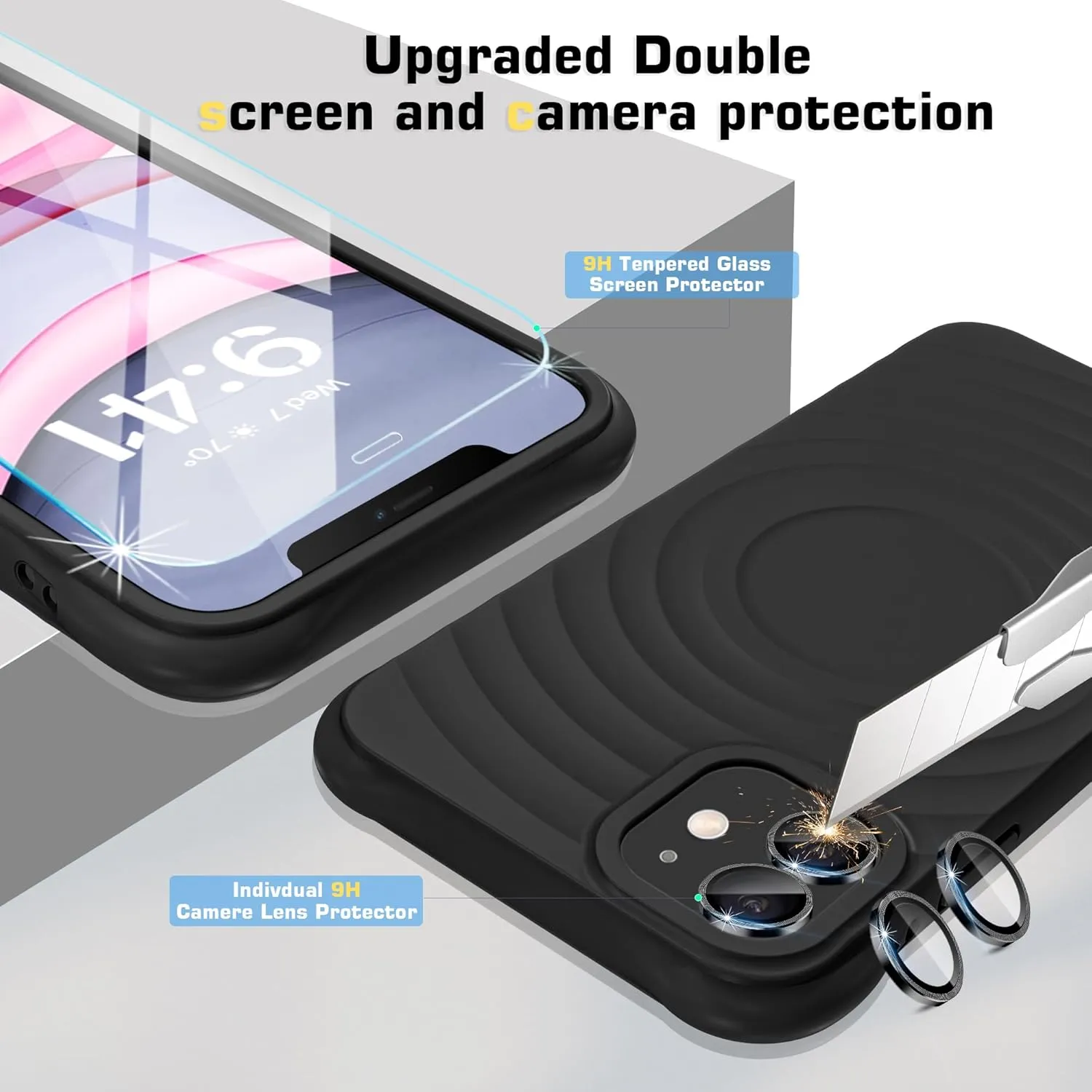 Shockproof for iPhone 11 Case, [Screen Protector   Camera Lens Protector],Compatible with MagSafe,Magnetic Silicone Slim Cute Wave Pattern Case, Microfiber Lining Phone Case for Men,Black