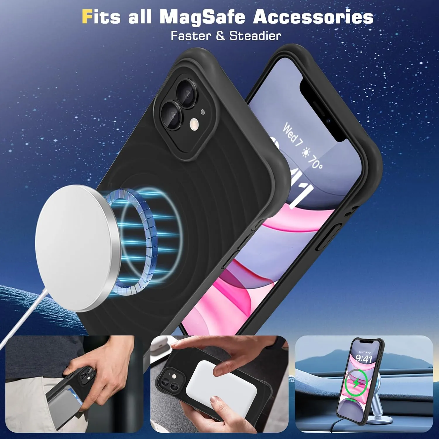 Shockproof for iPhone 11 Case, [Screen Protector   Camera Lens Protector],Compatible with MagSafe,Magnetic Silicone Slim Cute Wave Pattern Case, Microfiber Lining Phone Case for Men,Black