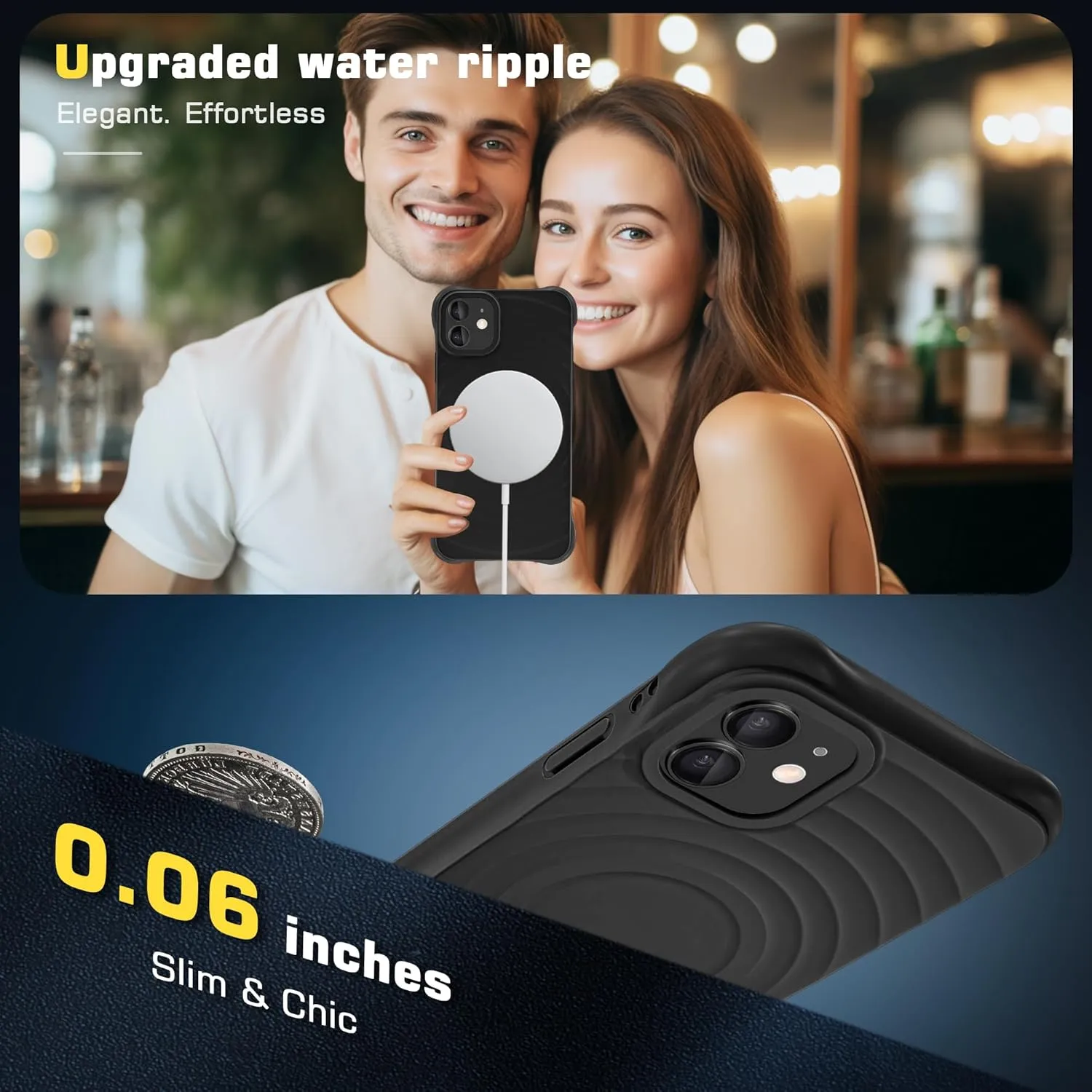Shockproof for iPhone 11 Case, [Screen Protector   Camera Lens Protector],Compatible with MagSafe,Magnetic Silicone Slim Cute Wave Pattern Case, Microfiber Lining Phone Case for Men,Black