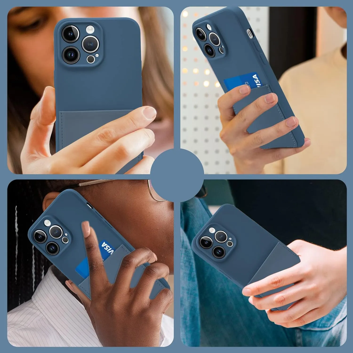 Silicone Wallet Phone Case for iPhone 15 Pro Max 6.7 Inch with Credit Card Holder Pocket, Full-Body Bumper Protection Camera Protect Case (Blue)