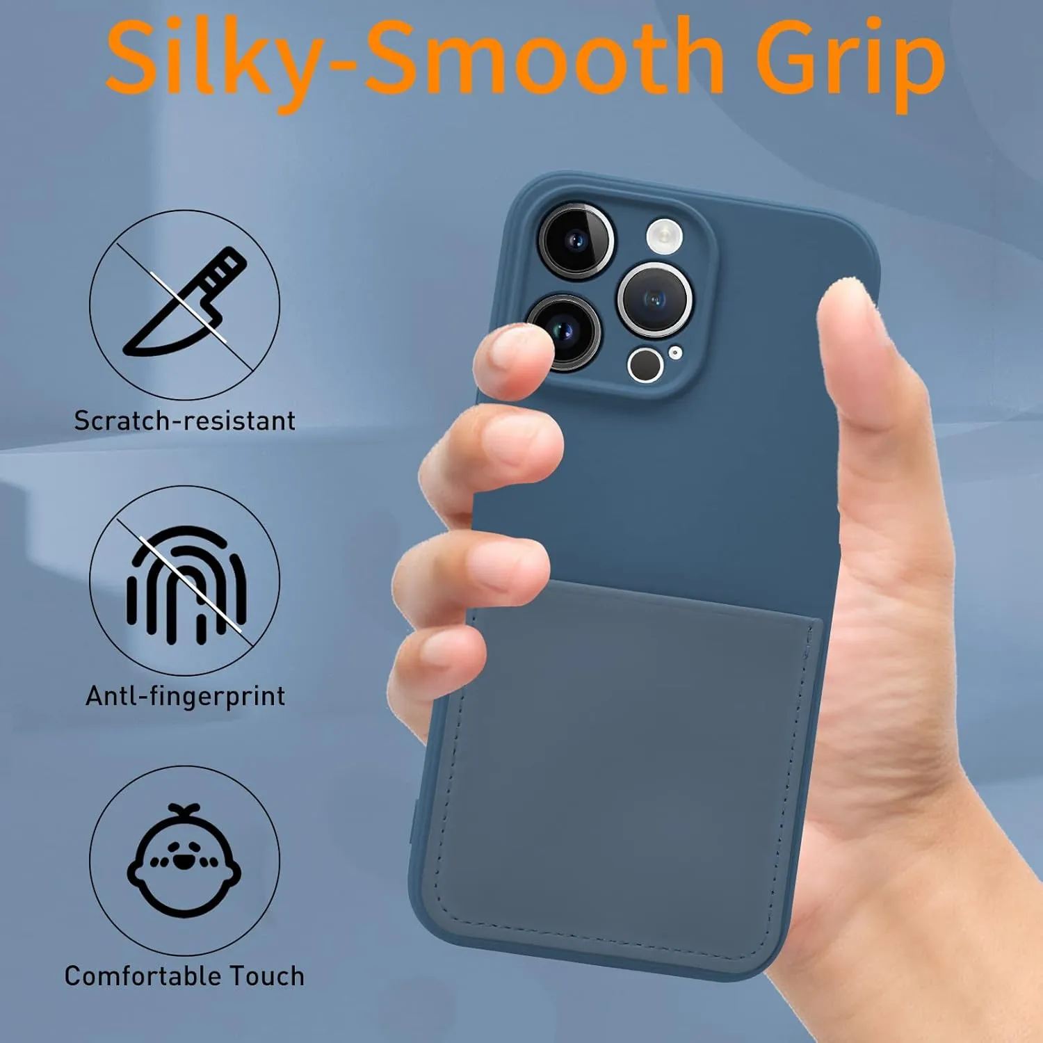 Silicone Wallet Phone Case for iPhone 15 Pro Max 6.7 Inch with Credit Card Holder Pocket, Full-Body Bumper Protection Camera Protect Case (Blue)