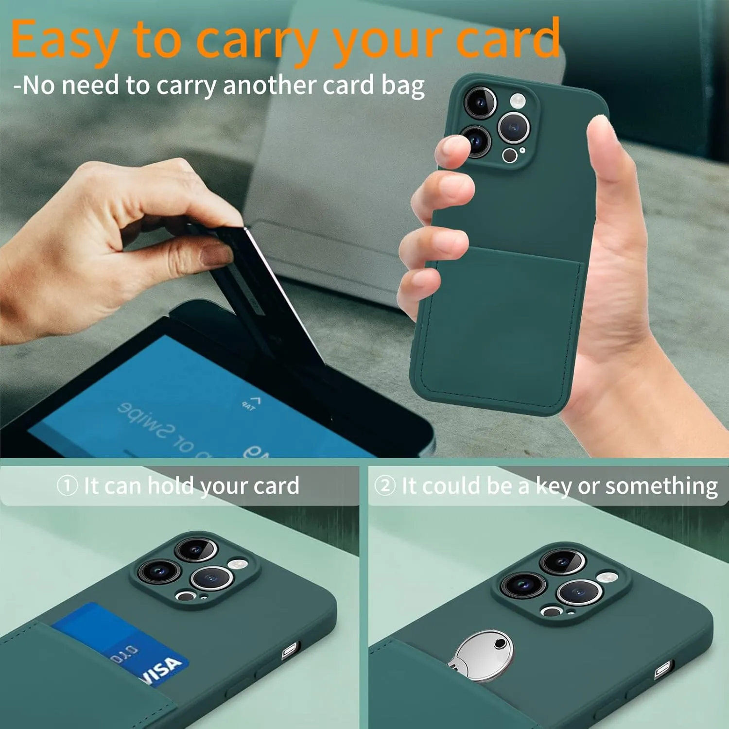 Silicone Wallet Phone Case for iPhone 15 Pro Max 6.7 Inch with Credit Card Holder Pocket, Full-Body Bumper Protection Camera Protect Case (Dark Green)