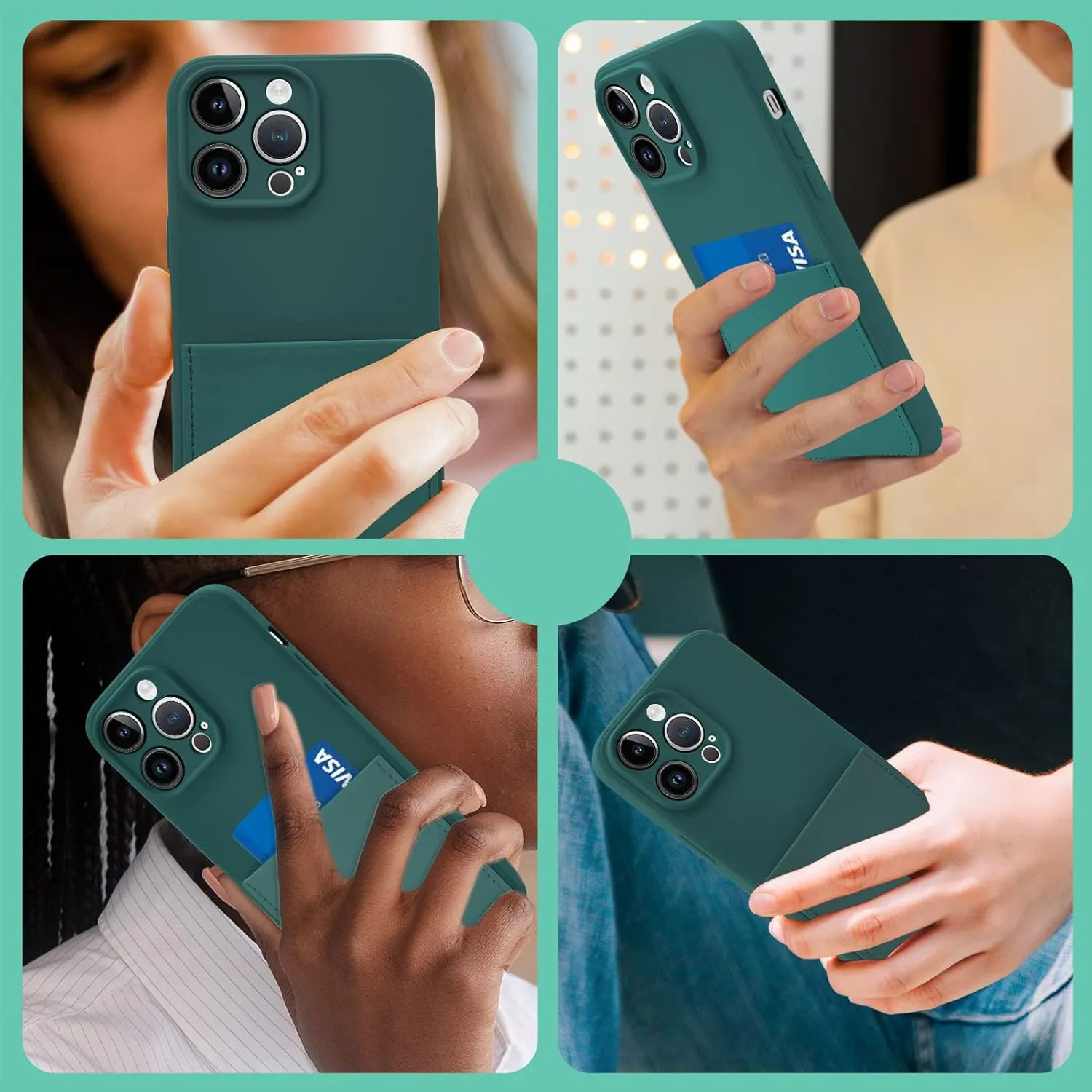 Silicone Wallet Phone Case for iPhone 15 Pro Max 6.7 Inch with Credit Card Holder Pocket, Full-Body Bumper Protection Camera Protect Case (Dark Green)