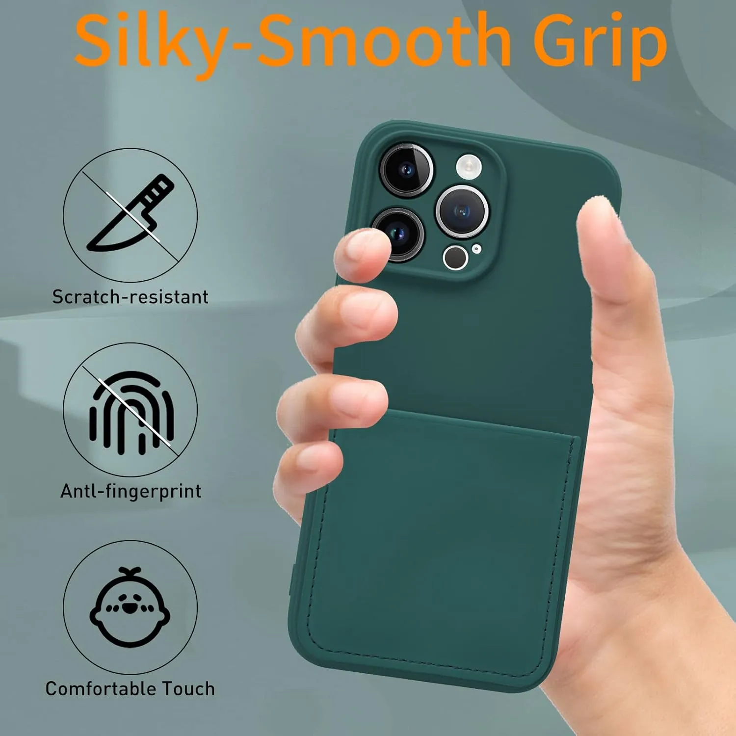 Silicone Wallet Phone Case for iPhone 15 Pro Max 6.7 Inch with Credit Card Holder Pocket, Full-Body Bumper Protection Camera Protect Case (Dark Green)