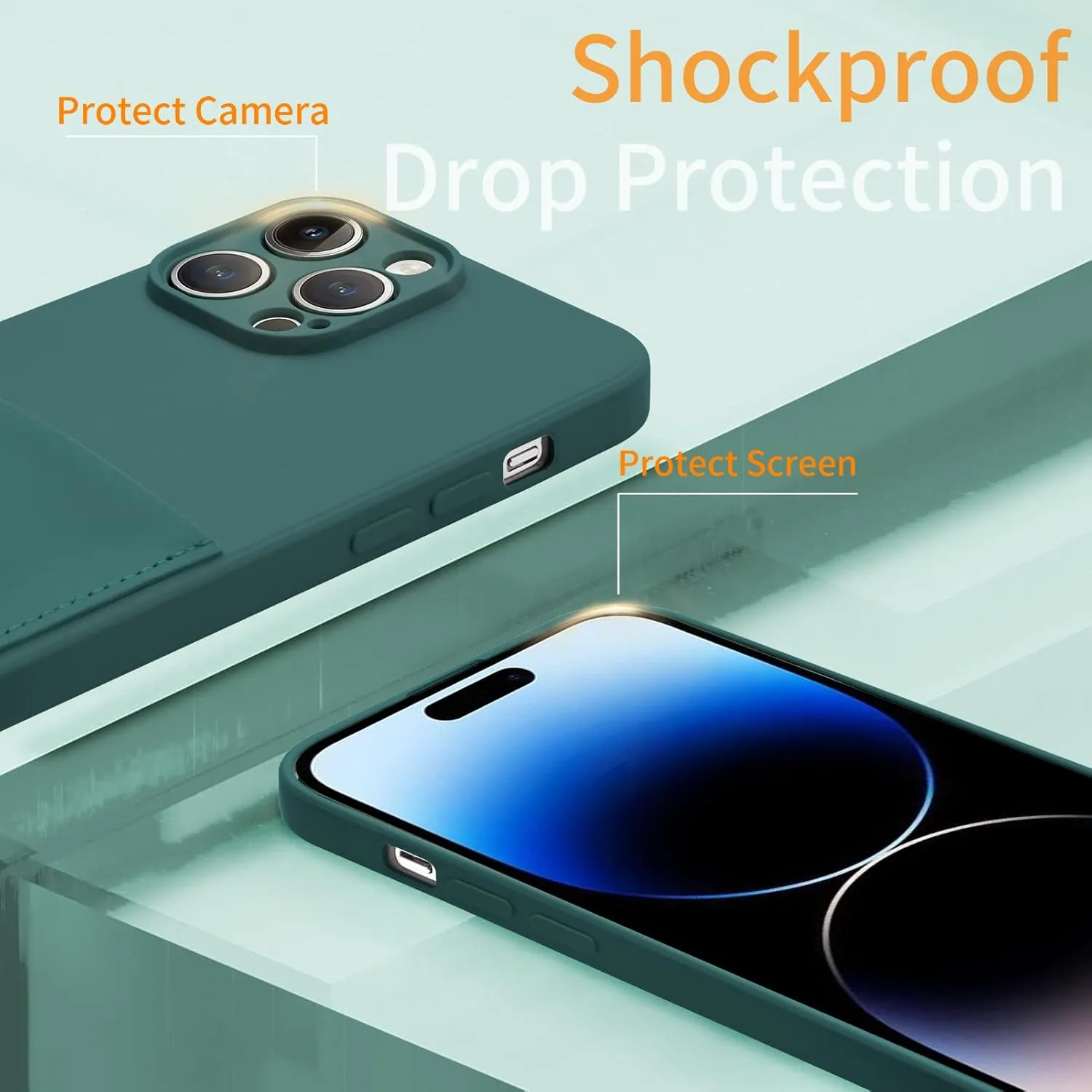 Silicone Wallet Phone Case for iPhone 15 Pro Max 6.7 Inch with Credit Card Holder Pocket, Full-Body Bumper Protection Camera Protect Case (Dark Green)