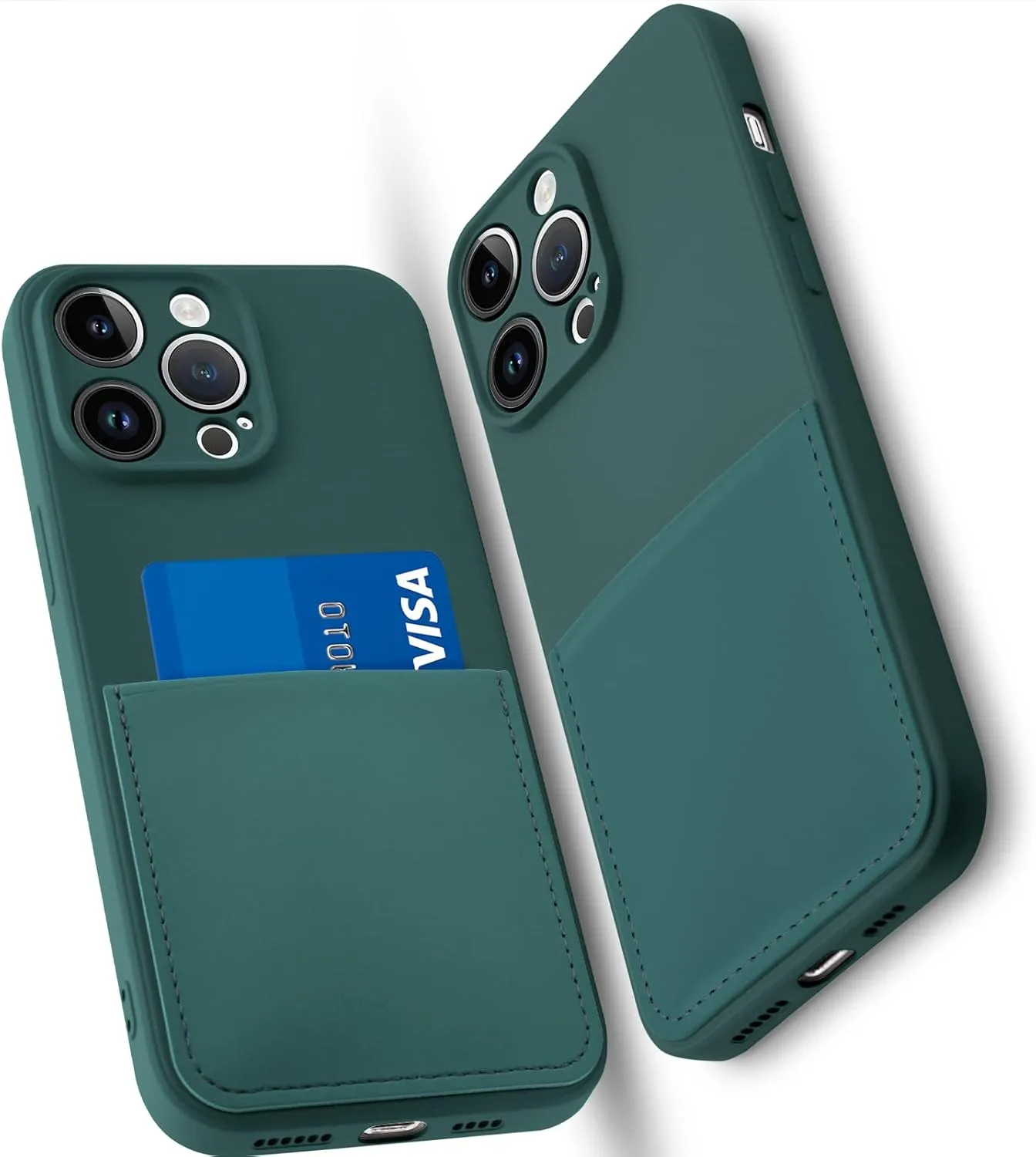 Silicone Wallet Phone Case for iPhone 15 Pro Max 6.7 Inch with Credit Card Holder Pocket, Full-Body Bumper Protection Camera Protect Case (Dark Green)