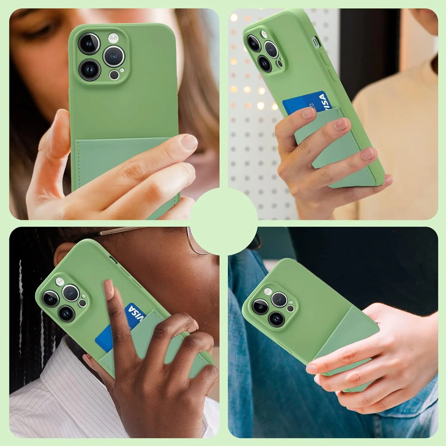 Silicone Wallet Phone Case for iPhone 15 Pro Max 6.7 Inch with Credit Card Holder Pocket, Full-Body Bumper Protection Camera Protect Case (Mint Green)