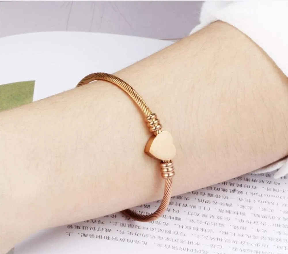Simple Love Heart Bangle Bracelets for Women BFF Family Stainless Steel Adjustable Birthday Gold, Silver, Rose Gold