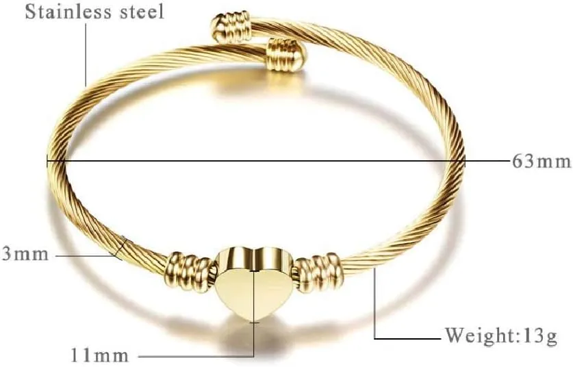 Simple Love Heart Bangle Bracelets for Women BFF Family Stainless Steel Adjustable Birthday Gold, Silver, Rose Gold