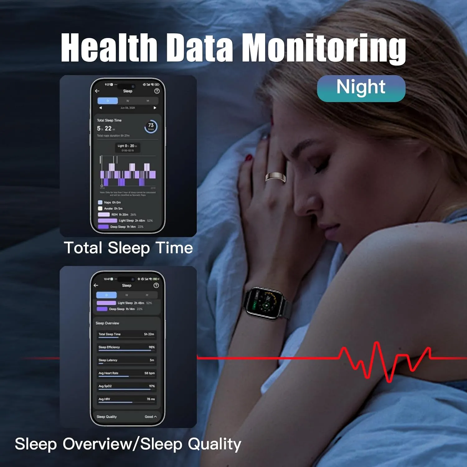 Smart Ring Health Tracker for Women Men, Sleep Tracker with Heart Rate and Blood Oxygen, Fitness Ring for Activity Monitoring, 15 Days Battery, No Subscription, Titanium Alloy (Silver, #9)