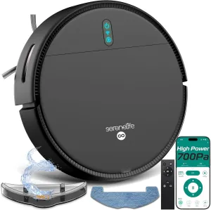 Smart Robot Vacuum and Mop Combo, App Control, 3 Cleaning Modes, Anti-Fall Sensors, Multi-Surface Cleaning, Self-Charging, 700Pa Suction Ideal for Pet Hair, Soft and Hard Floors, Black