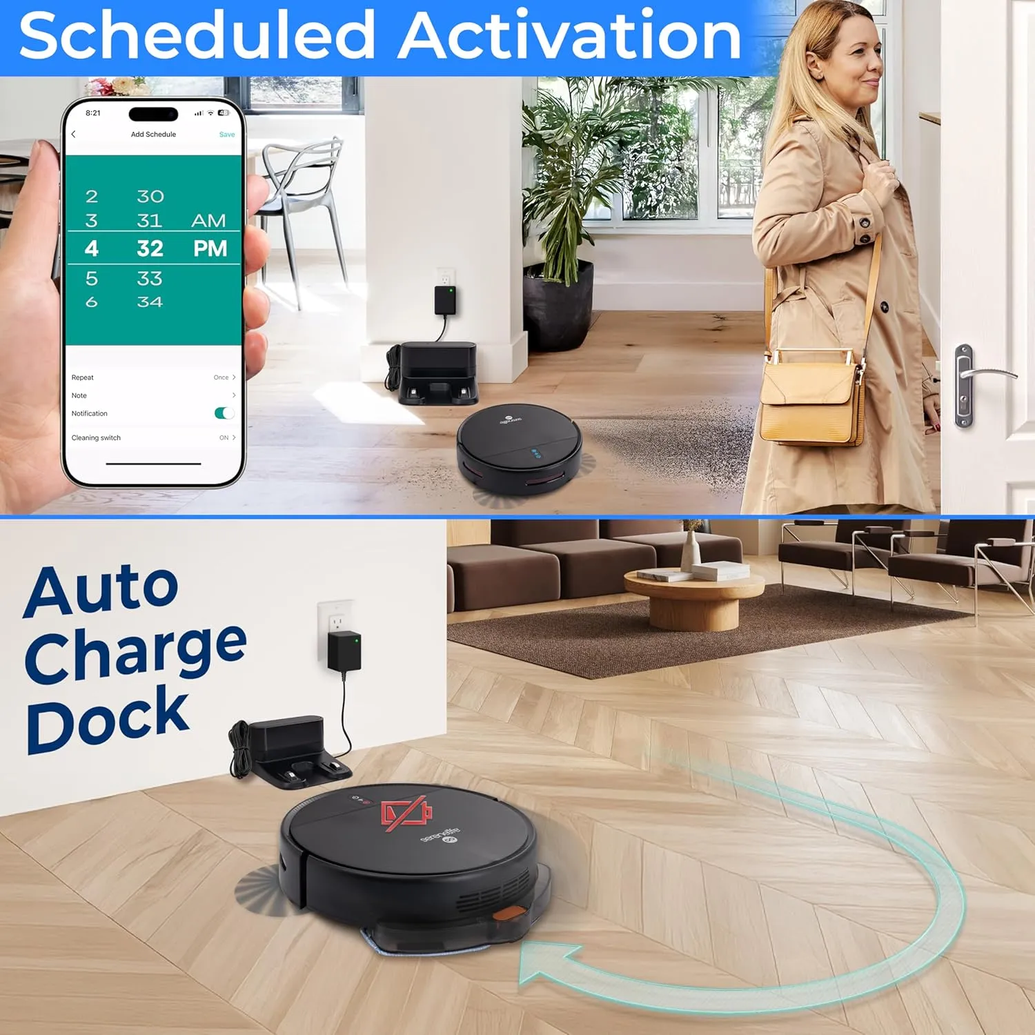 Smart Robot Vacuum and Mop Combo, App Control, 3 Cleaning Modes, Anti-Fall Sensors, Multi-Surface Cleaning, Self-Charging, 700Pa Suction Ideal for Pet Hair, Soft and Hard Floors, Black