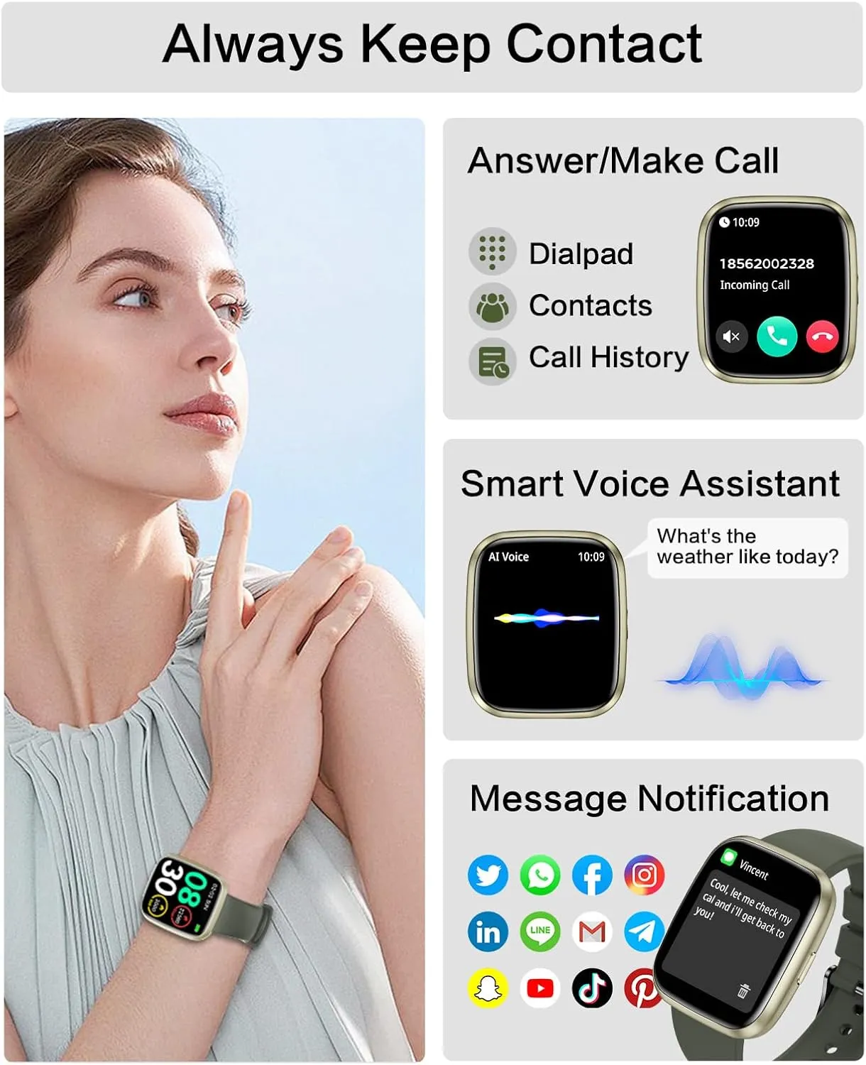 Smart Watches for Men/Women, 1.75" Bluetooth Call, AI Voice Smartwatch, 24/7 Heart Rate Monitor, Blood Pressure/SpO2/Sleep Tracker, IP68 Waterproof, 100  Sports Fitness Tracker for Android iOS Green