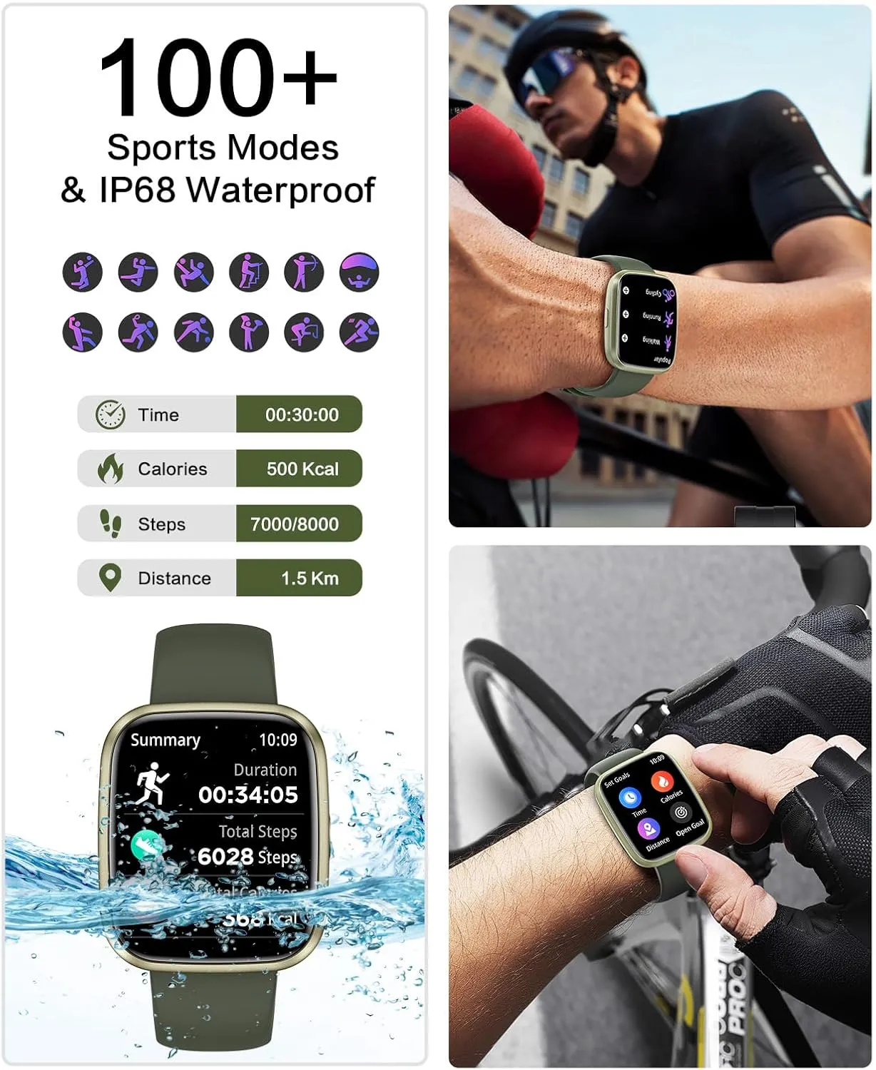 Smart Watches for Men/Women, 1.75" Bluetooth Call, AI Voice Smartwatch, 24/7 Heart Rate Monitor, Blood Pressure/SpO2/Sleep Tracker, IP68 Waterproof, 100  Sports Fitness Tracker for Android iOS Green